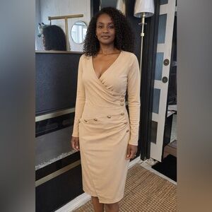 Women’s Beige Long Sleeve Wrap Dress with Button Detail